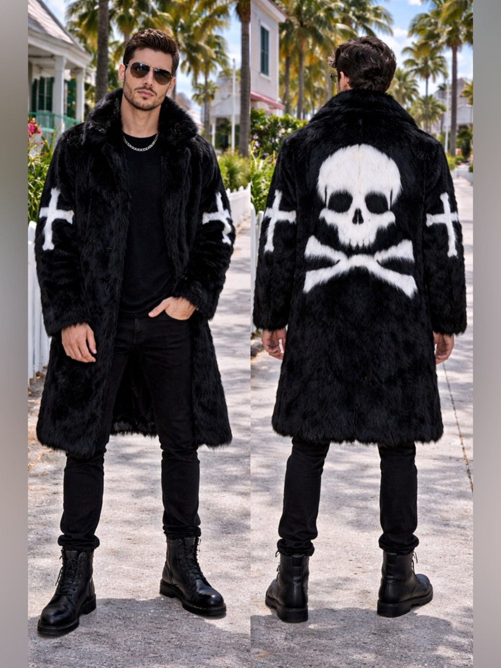 Festival Season! Nu Shuz Key West Black Faux Fur Skull Bones Midi Pea Coat